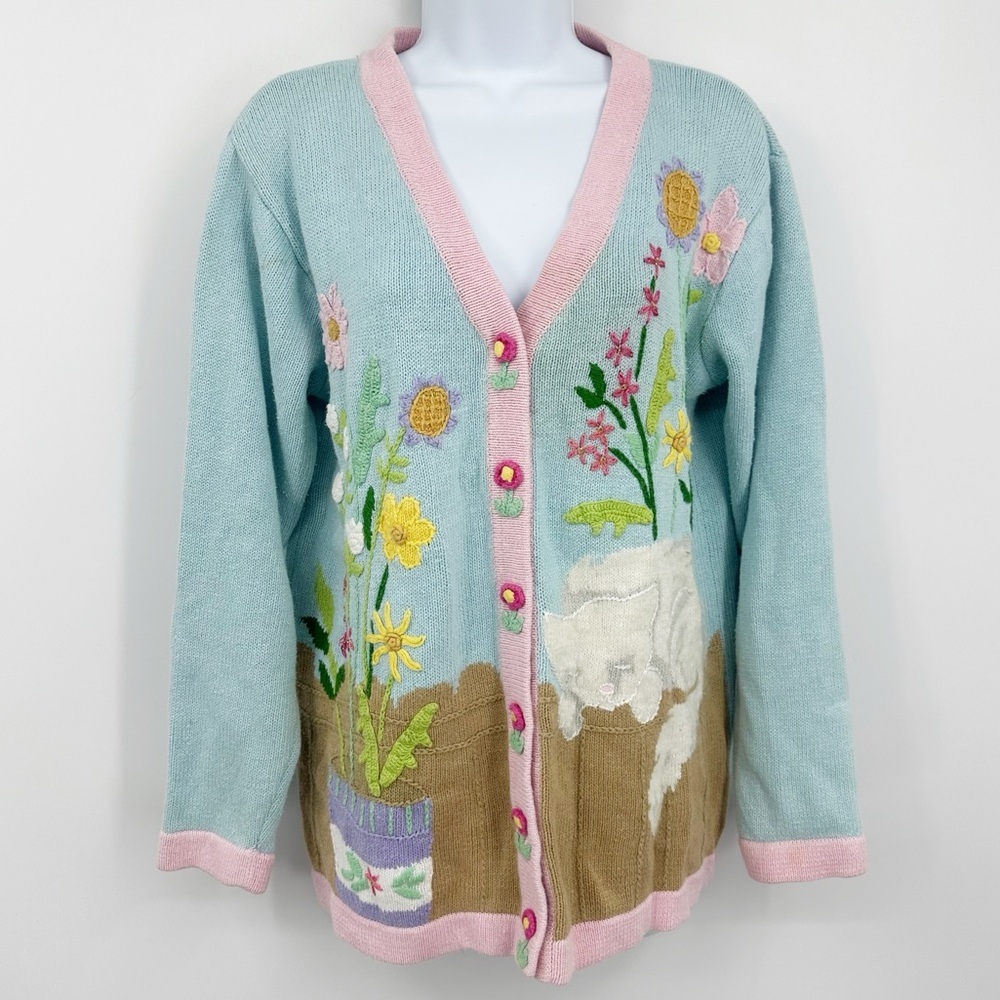 Storybook Knits Rare Cat Flower Pot Sweater Cardigan Size Small Cat Mom